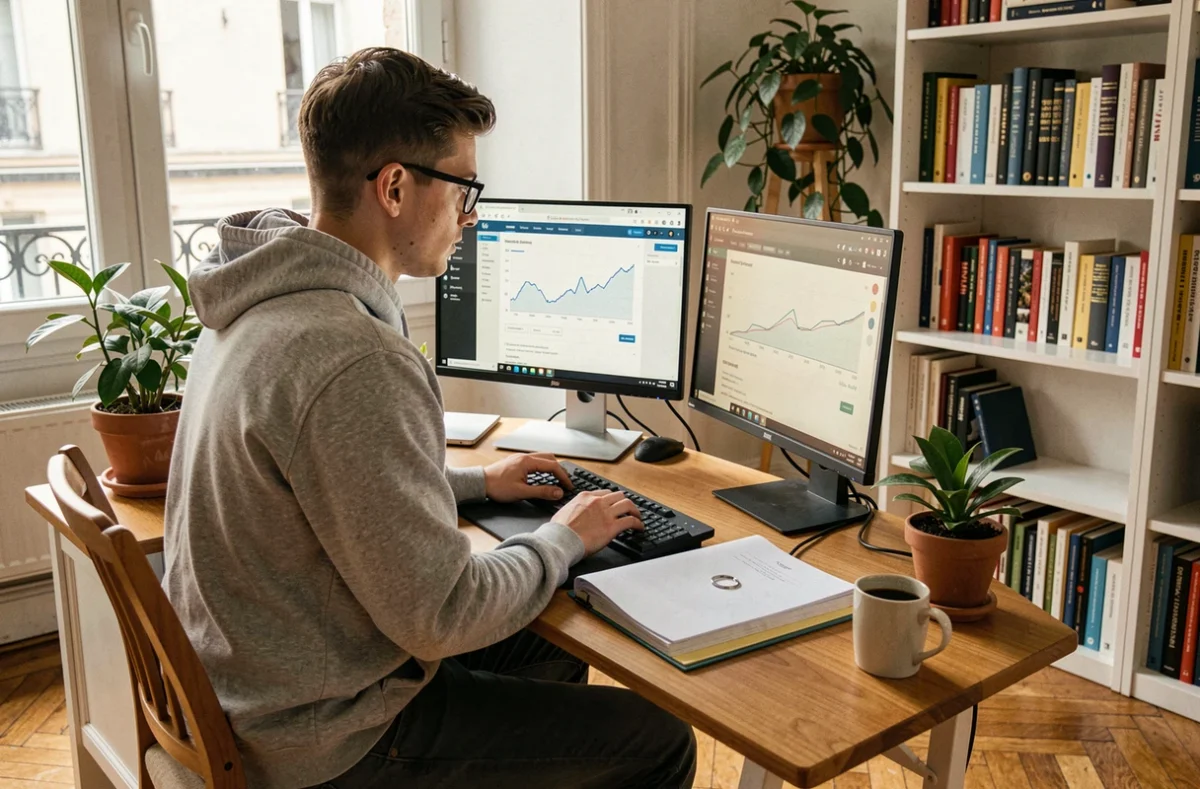Développeur web indépendant de Webindme travaillant sur un thème WordPress dans son studio parisien aménagé
